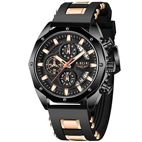 LIGE Herren-Armbanduhr, modisch, Chronograph, Edelstahl, wasserdicht, analog, Quarz, Leuchtend, großes Zifferblatt, Sport, klassisch, Uhr, schwarz, 8.07, Riemen von LIGE