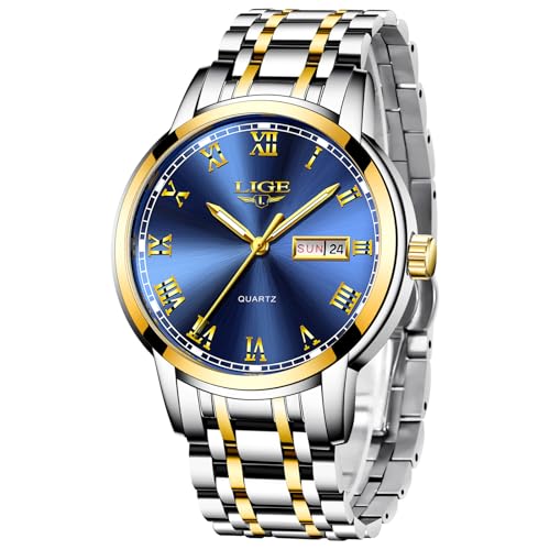 LIGE Armbanduhr Herren Gold, Herrenuhr Quarz-Analoguhr, Uhr Herren mit Kalender, Edelstahlarmband 3ATM Wasserdicht, Leuchtzeiger-Display, Schöne Geschenke, Business Outdoor Erholung von LIGE