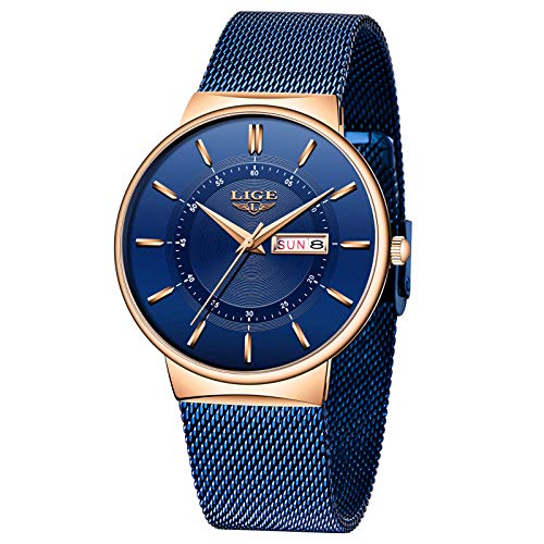 LIGE Herren Uhren Ultra Dünne Schwarze Minimalistische Analog Quarz Edelstahl Wasserdicht Armbanduhr Männer mit Datumsanzeige Mode Sport Mesh Armbanduhr Herren (Gold Blue) von LIGE