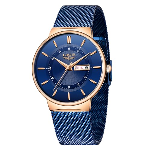 LIGE Uhr Herren | Wasserdicht Edelstahl Vintage Analog Armbanduhren Business Quarz Schwarz Edelstahlband Herrenuhr Datumsanzeige Klassisch Einfach Watches for Men - Geschenk für Männer,Gold Blau von LIGE