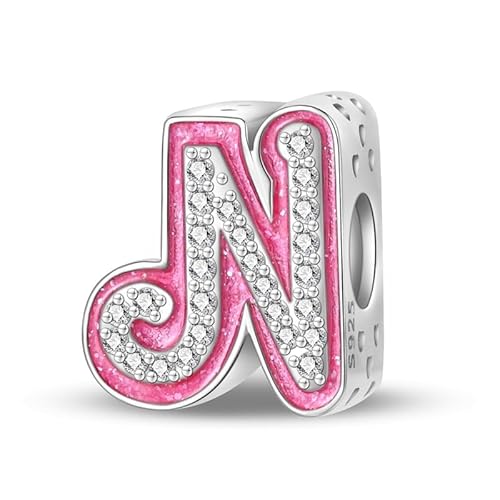 LIGHTDOG 925 Sterling Silber Beads Pink Stoned A Z Charms Buchstabe für Armband Europäisches Damen Pandora Armbands Princess Doll Style 26 Letters Perlen Ciondolo Letter von LIGHTDOG