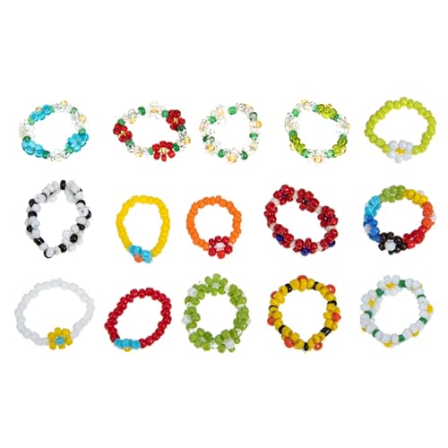 LIGIGWASH 15 Stück Teiliges Blumenperlen Ring Damen Elastische Ringe Ästhetischer Schmuck Verstellbar Langlebig Modisch Passend für Verschiedene Finger von LIGIGWASH
