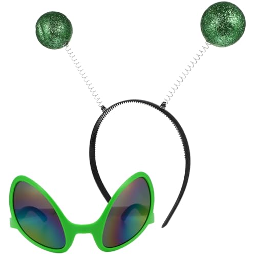 LIGIGWASH 2 Stück Festival Partybrille Alien Brille mit Grünem Rahmen und Glitzerndem Saucer Design Dekoratives Haarband für Erwachsene und Flexibles Unisex Kostümzubehör für Karneval und von LIGIGWASH