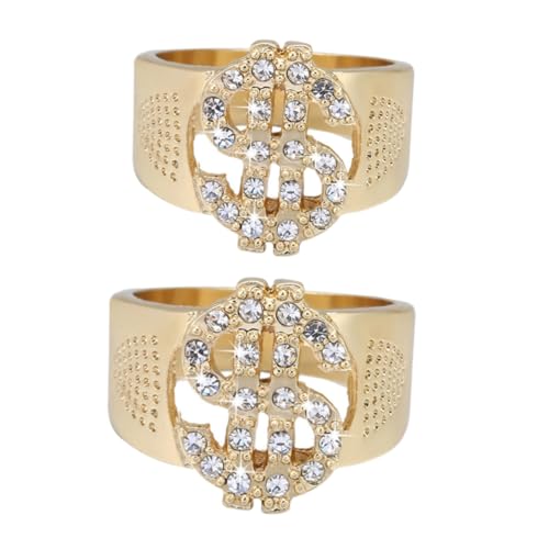 LIGIGWASH 2 Stück Hip Hop Herrenringe mit Dollarzeichen Design Goldfarbene Fingerringe Langlebig und Dekorativ Passend für Stilvolle Fingerdekoration von LIGIGWASH