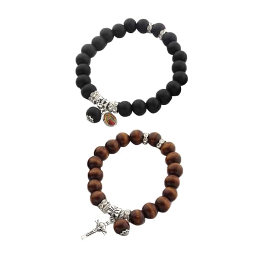 LIGIGWASH 2 Stück Partner Armband Holzperlen Elastisches Armband mit Kreuzanhänger Beaded Wrist Chain für Schwarz und Kaffeebraun Robust und Symbolische Liebesgeschenke von LIGIGWASH