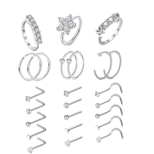 LIGIGWASH 24 Stück Teiliges Nasenpiercing Schmuckset aus Edelstahl mit Zirkonia Modische Nasenringe und Stecker für Damen und Herren Vielfältige Styles für Individuellen Look und Alltag von LIGIGWASH