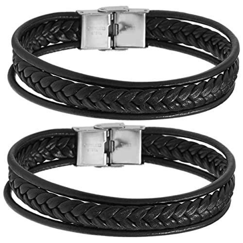 LIGIGWASH 2 Stück Herren Armband Geflochtene Lederarmbänder mit Edelstahlverschluss Punk Armband für Männer Cooles Handgelenk Schmuckset für Männer von LIGIGWASH