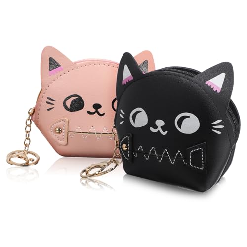 LIGIGWASH 2Stücke Kätzchen Geldbörse Niedliche Schlüsseltasche PU Kleine Kopfhörertasche Schwarze Cartoon Designs Langlebig Praktisch für Damen von LIGIGWASH