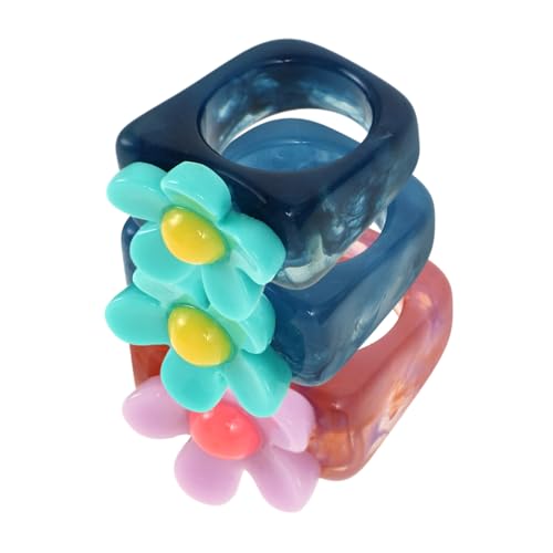 LIGIGWASH 3 Stück Teiliges Resin Ringe mit Blumenmotiv Vintage Design mit Funkelnden Schmucksteinen Zarte Damen Fingerringe in Pastellfarben und Blau Statement Ringe für Frauen und Mädchen von LIGIGWASH