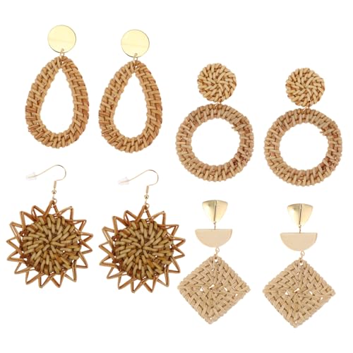 LIGIGWASH 4 Paare Rattan Ohrringe im Retro Stil Handgefertigte Hängende Ohrringe Verschiedenen Farben für Outfit und von LIGIGWASH