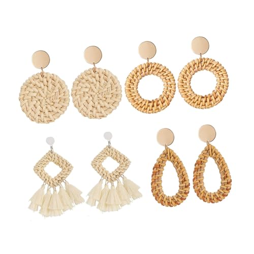 LIGIGWASH 4 Paare Teiliges Handgefertigte Geometrische Baumelnde Ohrringe aus Geflochtenem Strohmuster Modische Ohrschmuck deko für Damen Stilvoll zu Casual Partykleidung Geeignet von LIGIGWASH