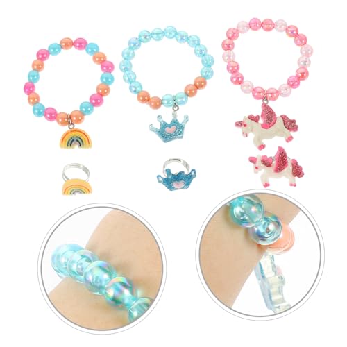 LIGIGWASH 6 Stück Teiliges Schmuckset mit Bunten Perlen DIY Armband und Fingerring Verstellbare Kinderschmuck Armbänder mit Einhorn und Kronenmotiven für Mädchen Geburtstag und Feiern von LIGIGWASH