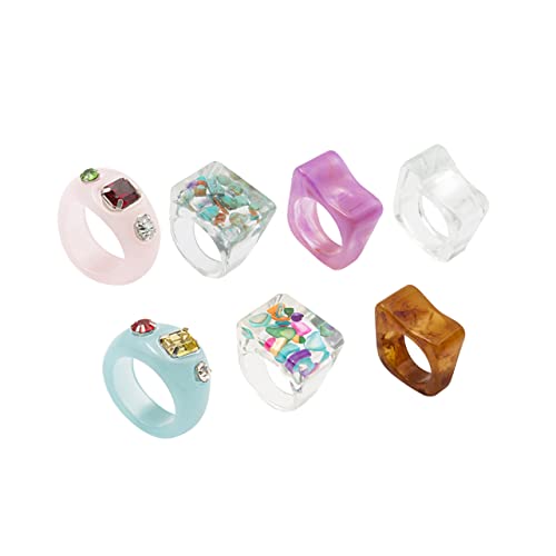 LIGIGWASH 7 Stück Teiliges Resin Damenring Vintage Stil Kreativer Breiter Fingerschmuck Bunte Transparente Ringe mit Strass Verziert für Frauen Modischer Statement Schmuck von LIGIGWASH
