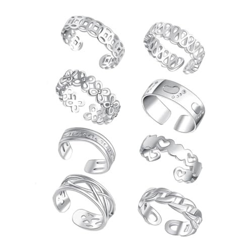 LIGIGWASH 8 Stück Teiliges Verstellbare Offene Zehenringe aus Silberfarbenem Kupfer Fuß und Knöchelringe für Damen Vielseitiger Schmuck für Sommer Strand Party und Alltag von LIGIGWASH