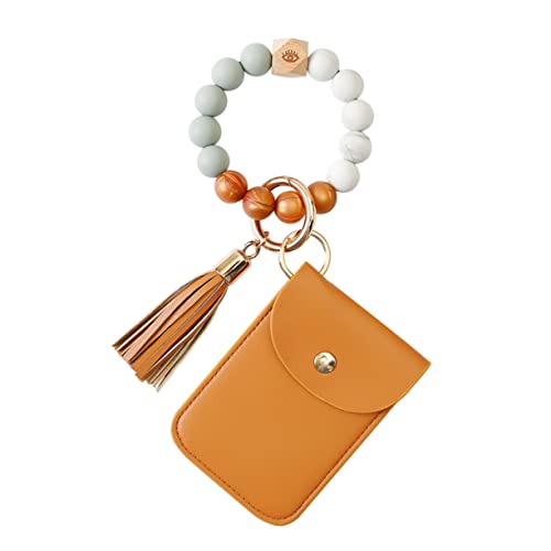 LIGIGWASH Armband Schlüsselanhänger mit Kartenhalter und Holzperlen Design Praktischer Schlüsselbund für Ausweise und Buskarten Farbenfroh und Langlebig mit Quaste und Bequemer Handhabung von LIGIGWASH