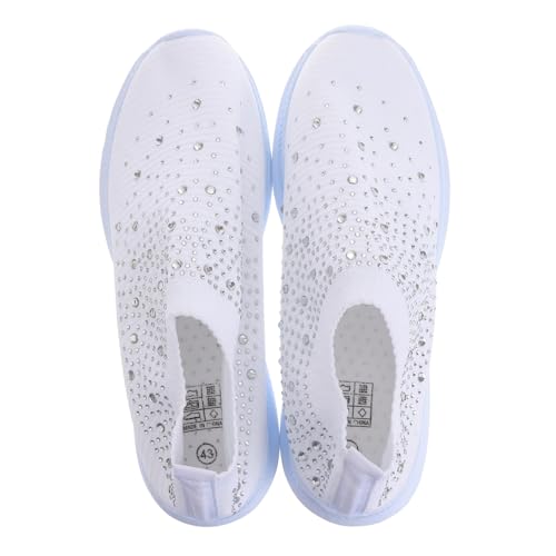 LIGIGWASH Atmungsaktive Damen Sneakers mit Mesh obermaterial Flexible Barfuß Loafers mit Strassverzierung Leichte Flache Sportschuhe für Alltag und Trailrunning Weiß von LIGIGWASH