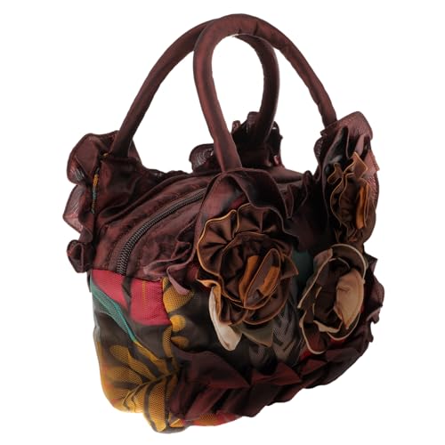 LIGIGWASH Blumen Design Damen Handtasche Canvas Abnehmbare Waschbare Umhängetasche für Alltag Leichte Einkaufstasche Kaffee Farbe Handgenäht Kleber für Shopping und Freizeit von LIGIGWASH