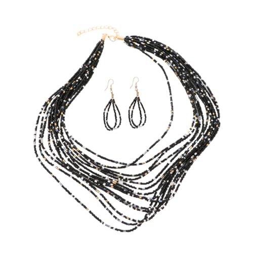 LIGIGWASH Bohemian-stil Halskette Und Ohrringe Modische Mehrschichtige Perlenkette Kreativer Ohrstecker Damen Schwarz Halskette Ohrringe von LIGIGWASH