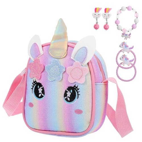 LIGIGWASH Bunte Einhorn Handtasche mit Reißverschluss und Verstellbarem Schultergurt Süßes Schmuckset für Mädchen Kleine Crossbody Geldbörse für Geburtstagsfeiern und Alltag von LIGIGWASH