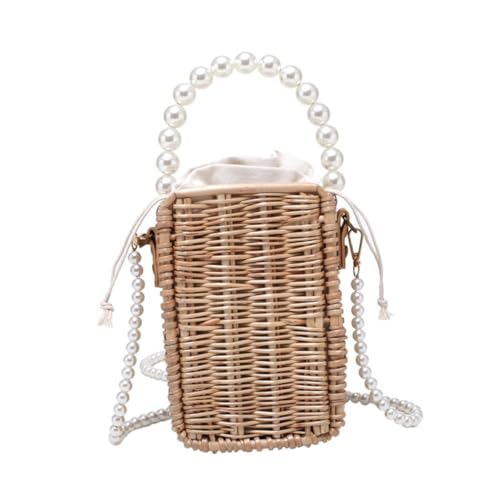 LIGIGWASH Damen Handtasche Geflochtene Rattan Tasche mit Kunstperlen Langlebige Umhängetasche mit Mittlerer Kapazität für Alltag und Urlaub Trendige Stroh Tasche in Khaki von LIGIGWASH
