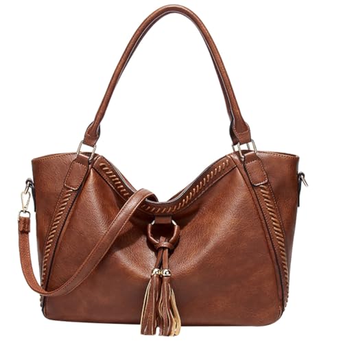 LIGIGWASH Damen Handtasche aus PU mit Großer Kapazität Leichte Umhängetasche mit Quasten Weiche Schultertasche für Alltag Robust und Geräumig für Shopping und Braun Vintage Stil von LIGIGWASH
