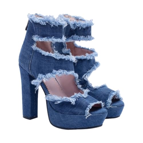 LIGIGWASH Damen High Heels Sandalen Open Toe Denim Großer Blockabsatz Atmungsaktiv Leichtgewicht Modisch für Alltag Reise und Shopping von LIGIGWASH