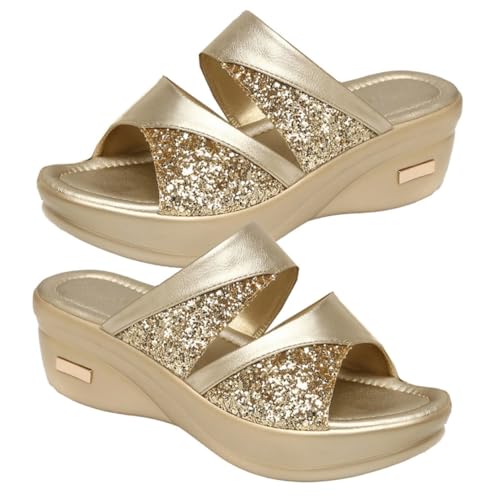 LIGIGWASH Damen Sandalen Sommer mit Dicker Keilsohle Offene Fischmaul Slipper Goldene Casual Pantoletten für Damen Rutschfest Geeignet für Outdoor und Strand von LIGIGWASH