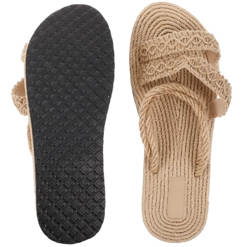 LIGIGWASH Damen Sandalen mit Geflochtenem Naturstroh Design Flach Casual Sommerschuhe für Alltag und Strand Stilvolle Beige Slipper Bequeme Luftige Fußbekleidung von LIGIGWASH