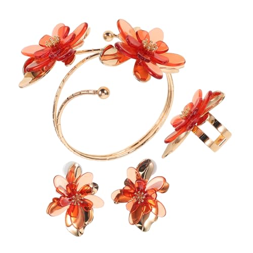 LIGIGWASH Damen Schmuckset mit Blumen Ohrringe Armband Offener Ring Leichtes Design für Alltag und Festliche Anlässe Langlebig Tropfölbeschichtet Transparent Braun von LIGIGWASH