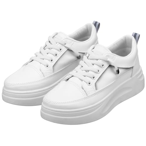 LIGIGWASH Damen Sneaker mit Dicker Sohle Weiß Flache Sportschuhe aus PU Bequeme Freizeitschuhe Strapazierfähig und Einfach zu Reinigen Vielseitig für Alltag und Freizeit Geeignet von LIGIGWASH