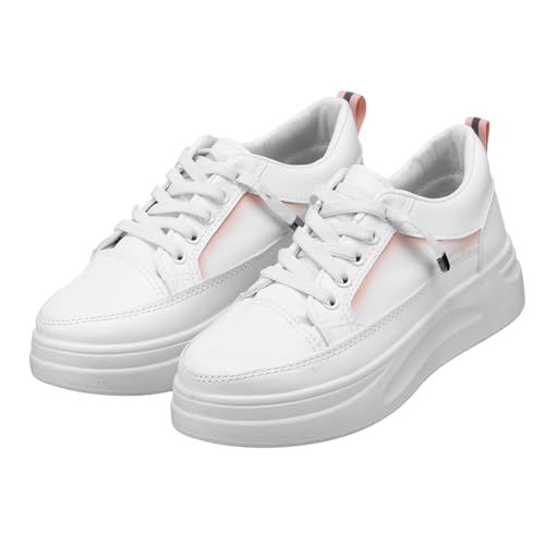 LIGIGWASH Damen Sneakers Weiß mit Dicker Sohle Flache Freizeitschuhe aus PU und Strapazierfähig Leicht zu Reinigen Vielseitig für Alltag und Freizeit Geeignet von LIGIGWASH