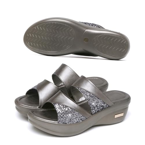 LIGIGWASH Damen Sommer Slipper mit Dicker Keilsohle Offene Zehen Fischmaul Sandalen Graue Bequeme Casual Hausschuhe für Strand und Alltag Rutschfeste Langlebige Sommerschuhe von LIGIGWASH