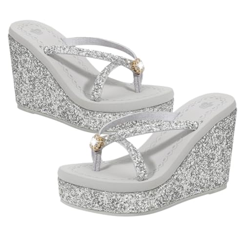 LIGIGWASH Damen Sommer Slippers mit Glitzersteinbesatz Hohe Absatz sandalen Rutschfest Atmungsaktiv Modisch für Strand Freizeit Schlafzimmer und Outdoor Silberfarben von LIGIGWASH