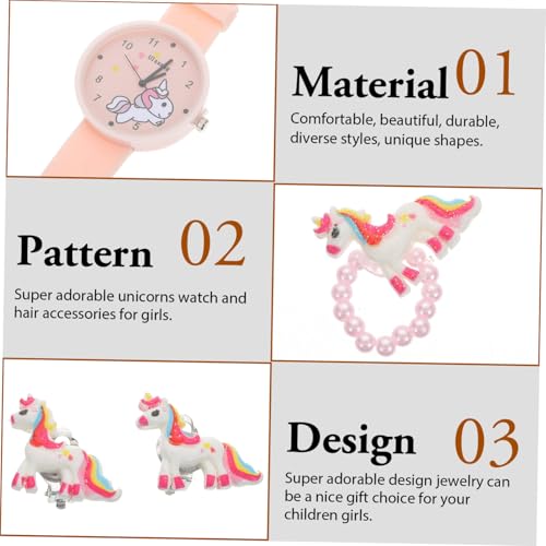 LIGIGWASH Einhorn Armbanduhr Schmuckset Teiliges Mädchen mit Quarzuhr Armband Halskette Haarschmuck Rosa Party Accessoires für Geburtstag von LIGIGWASH