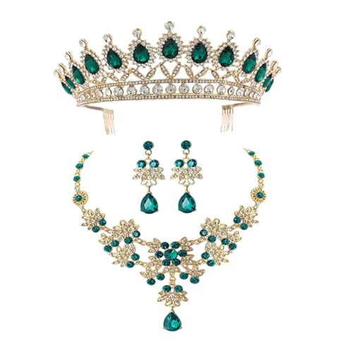 LIGIGWASH Elegantes Schmuckset Damen Krone Halskette Ohrringe Teilig Hochzeits Party Brautschmuck Set Frauen Festliche Accessoires Grün von LIGIGWASH