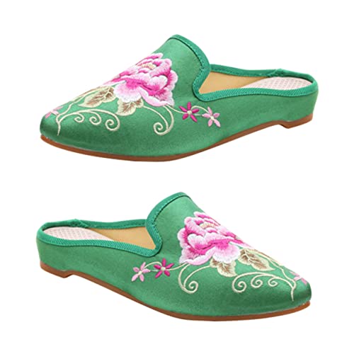 LIGIGWASH Ethnische Damen Hausschuhe Spitz Bestickte Pantoletten Leichte Stoffschuhe Grün Komfortable Freizeit Slippers mit Strapazierfähiger TPR Sohle von LIGIGWASH