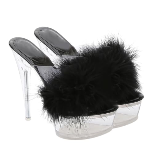 LIGIGWASH Fluffy High Heel Sandalen Damen Flauschige Slipper Elegant Transparent Skin Friendly Outdoor Mädchen Schuhe Dünner Absatz Modisch Vielseitig Kombinierbar und Leicht Anzuziehen von LIGIGWASH