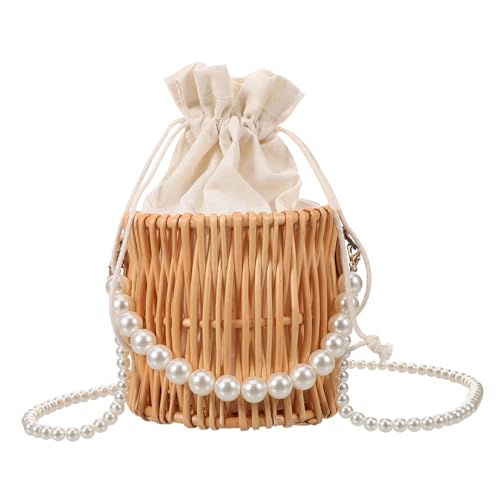 LIGIGWASH Geflochtene Handtasche Damen mit Perlenkette Kleine Umhängetasche Leichte Schultertasche Rundkorb Stilvoll für Alltag Strand und Shopping Geschenkidee von LIGIGWASH
