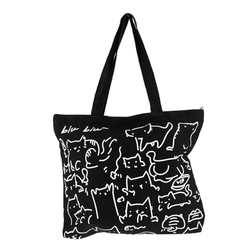 LIGIGWASH Große Kapazität Canvas Schultertasche Damen Einfache Handtasche für Alltag und Einkaufen Süße Handgezeichnete Tierillustration Schwarz Anhänger von LIGIGWASH