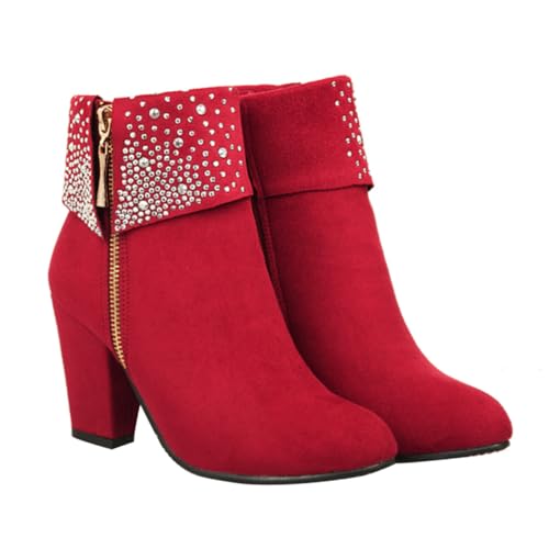 LIGIGWASH Herbst Winter Damen Kurzstiefel mit Absatz und Strasssteinen Stilvolle Brautschuhe für Hochzeit Chic und Komfort Modische Stiefeletten in Rot für Party und Besondere Anlässe von LIGIGWASH