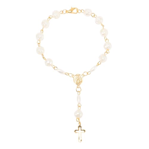 LIGIGWASH Klassisches Religiöses Kreuzarmband mit Perlen und Rosenblüten Geeignet für Handgelenkgrößen für Christliche Anlässe und Persönliche Glaubensbekundungen von LIGIGWASH
