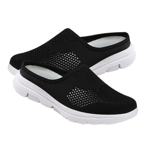LIGIGWASH Leichte Atmungsaktive Damen Slippers aus Mesh mit Rutschfesten Sohlen Strapazierfähige Bequeme Sommer Hausschuhe Halboffene Dünne Freizeit Schuhe für Damen Schwarz von LIGIGWASH
