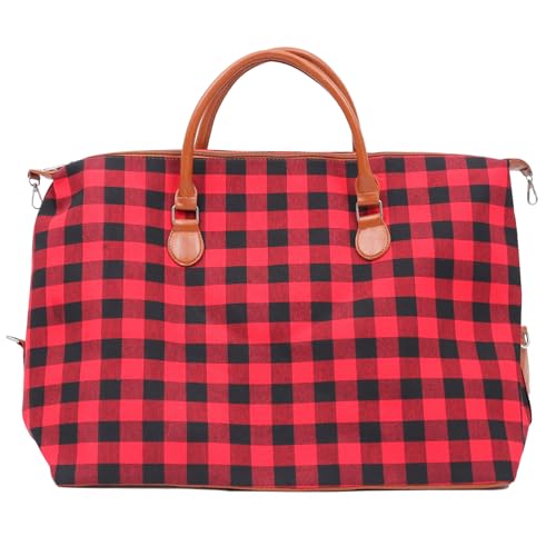LIGIGWASH Moderate Canvas Reisetasche mit Schwarzem und Rotem Karomuster Tragbare Handtasche Reißfeste Vielseitige Reise Wochenendtasche für Damen und Herren von LIGIGWASH
