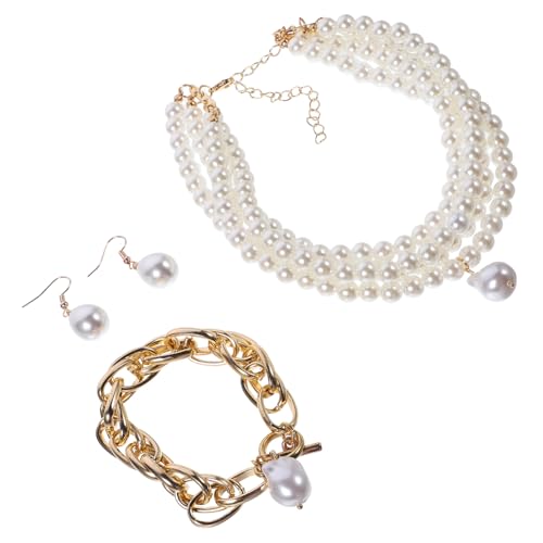 LIGIGWASH Perlen Schmuckset Damen Teilig mit Mehrschichtiger Goldfarbener Halskette Doppelreihigem Armband und Goldfarbenen Perlen Ohrringen Eleganter Brautschmuck für Hochzeit und von LIGIGWASH