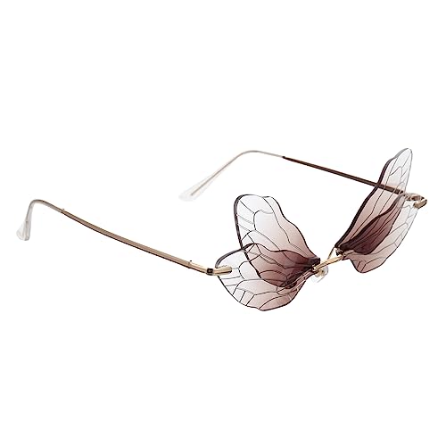 LIGIGWASH Randlose Damen Sonnenbrille mit Libellenflügel Design Unregelmäßige Form Transparente Klare Sicht Modisches Accessoire für Party Alltag und Festival Unisex Braun von LIGIGWASH