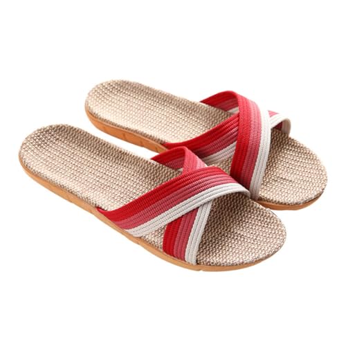 LIGIGWASH Rutsch Hausschuhe Damen Leichtgewichtige Flachs Slipper mit Kreuzriemen Komfortable Indoor Sommer Pantoletten in Rot Rutschfeste Langlebige Haushalts Slipper für Frauen von LIGIGWASH