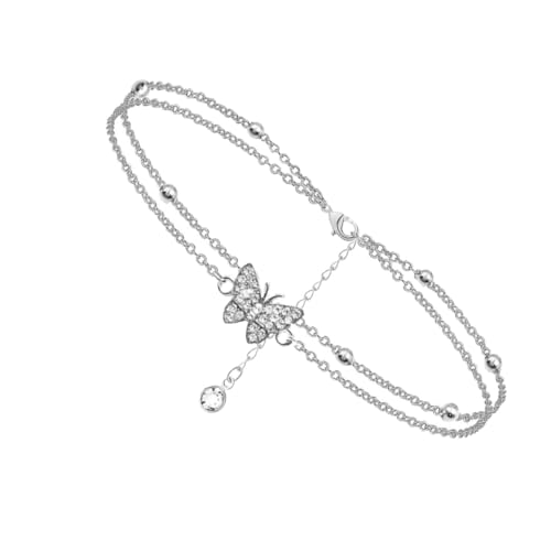 LIGIGWASH Schimmerndes Doppelschicht Fußkettchen Damen mit Funkelndem Schmetterling Anhänger Zarte Fußkette als Sommerlicher Schmuck für Frauen Elegantes Vielseitiges Accessoire von LIGIGWASH