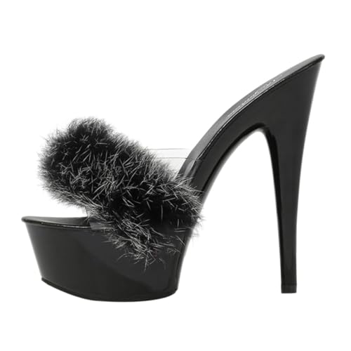 LIGIGWASH Schwarze High Heels Sandalen mit Flauschiger Spitze Ultrahoher Absatz Leichter Sommerschuh für Damen Passend zu Jeans Röcken Shorts von LIGIGWASH
