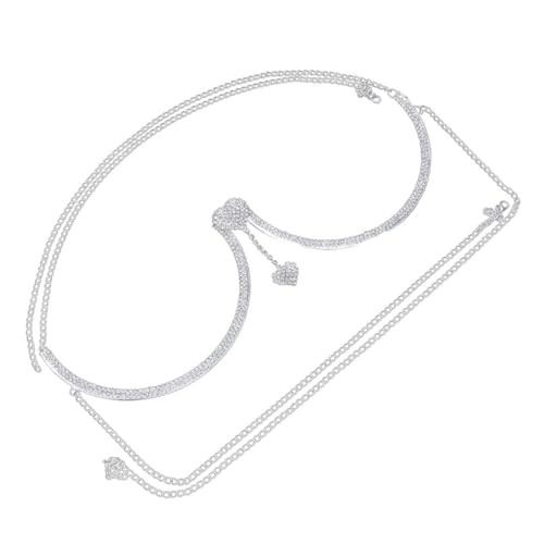 LIGIGWASH Silberne Körperkette mit Doppeltem Herz Anhänger und Funkelnden Kristallen Verstellbares Brustband Schmuck für Frauen für Partys Club und Festliche Anlässe von LIGIGWASH