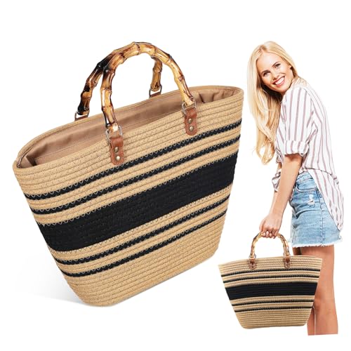 LIGIGWASH Sommer geflochtene Handtasche Schulter Jute Schulranzen Stroh für Taschen Reisen Sie Strandtasche Boho-Strandtasche Strand Reisetasche Damenhandtasche Urlaubstasche Baumwollfaden von LIGIGWASH
